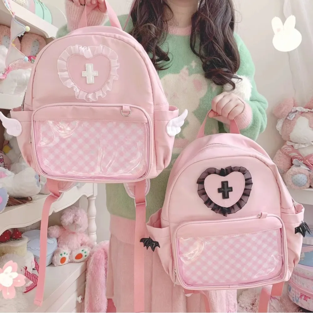 Japanese Cute Lolita Style Backpack Sweet Kawaii Lace Heart-shaped Angel Wing Handbag Academic Style Lady Display and Daily Use