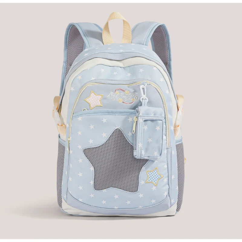 White & Gray Star Print Ita Backpack Mesh Window School Bag with Small Coin Pouch Casual Student Daypack for Pin & Badge Display