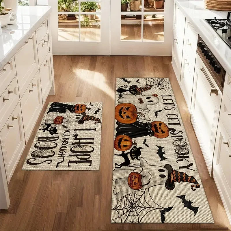 VIKAMA Halloween Ghost Pumpkin Bat Runner Rug Non Slip Stain Resistant Kitchen Floor Mat Entrance Corridor Holiday Home Decor