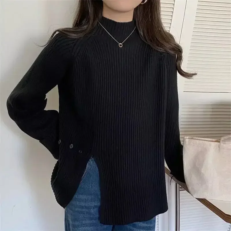 Women\'s Knit Sweater Off-white Loose Turtleneck Ladies Pullovers Buttons Slit Hot Sale Winter Offers Trend New Knitwear 2024 Hot