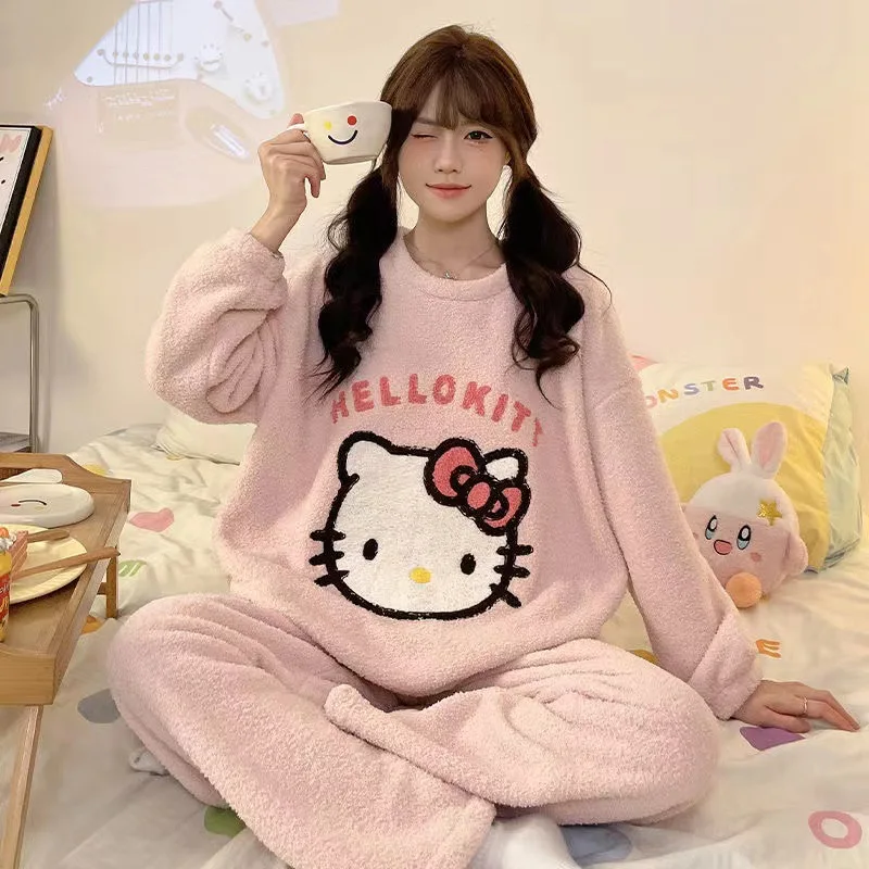 Hot Kawaii Sanrios Hello Kitty Autumn Winter Pajamas for Girls Thick Sweet Nightgowns for Couples Casual Jackets Home Wear Sets