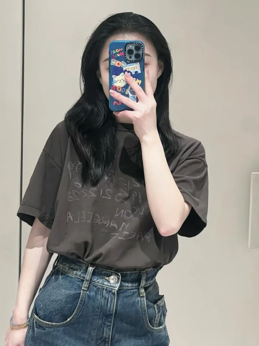 South Oil 2026 Summer New American Retro Washed Digital Print Loose Overhead Short Sleeve Letter Women's T-shirt Casual Style