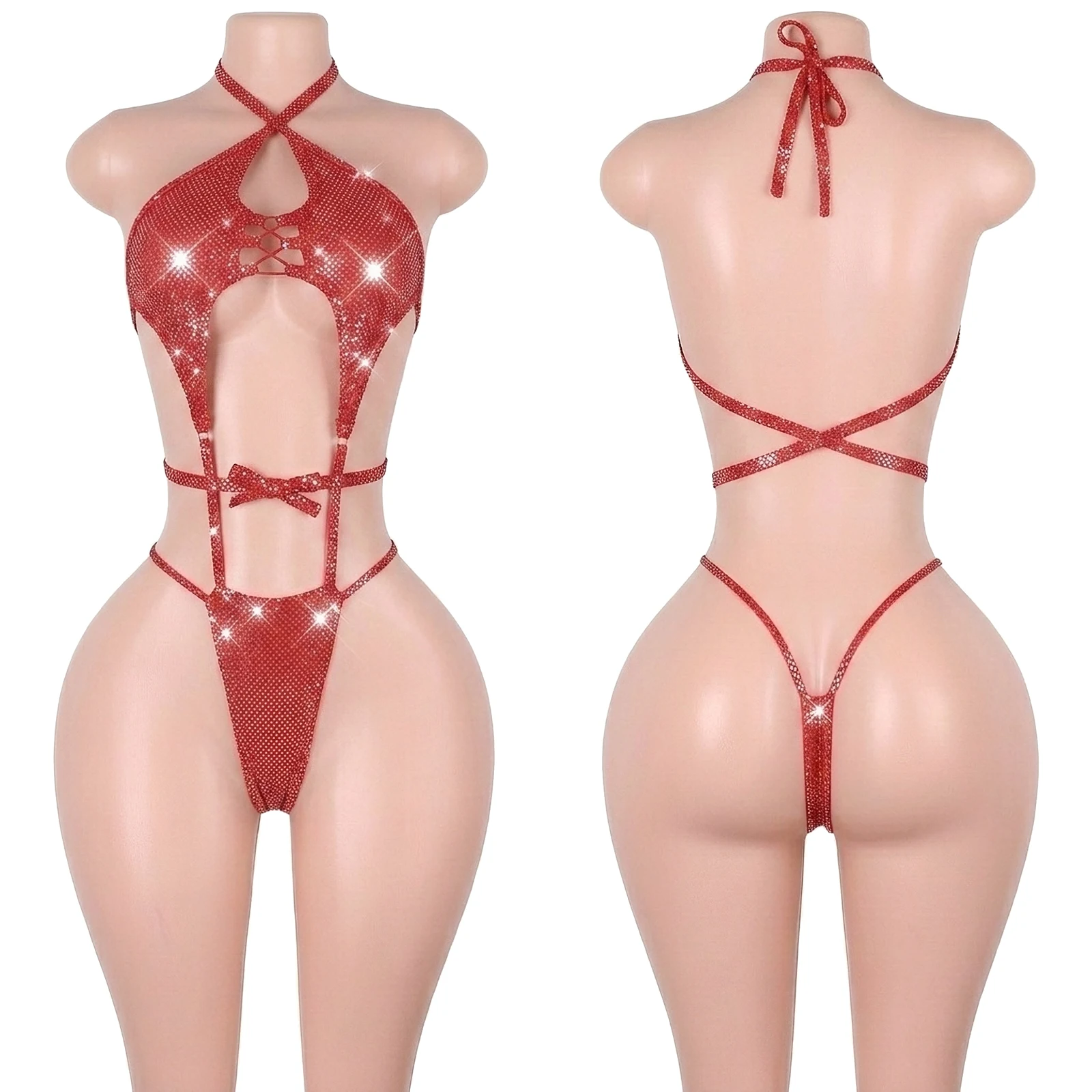 Exotic Dancewear Silver Sequin Polka Dot Cutout Bodysuits Thong Micro Lingerie Pole Dancing Clubwear Festival Ensembles