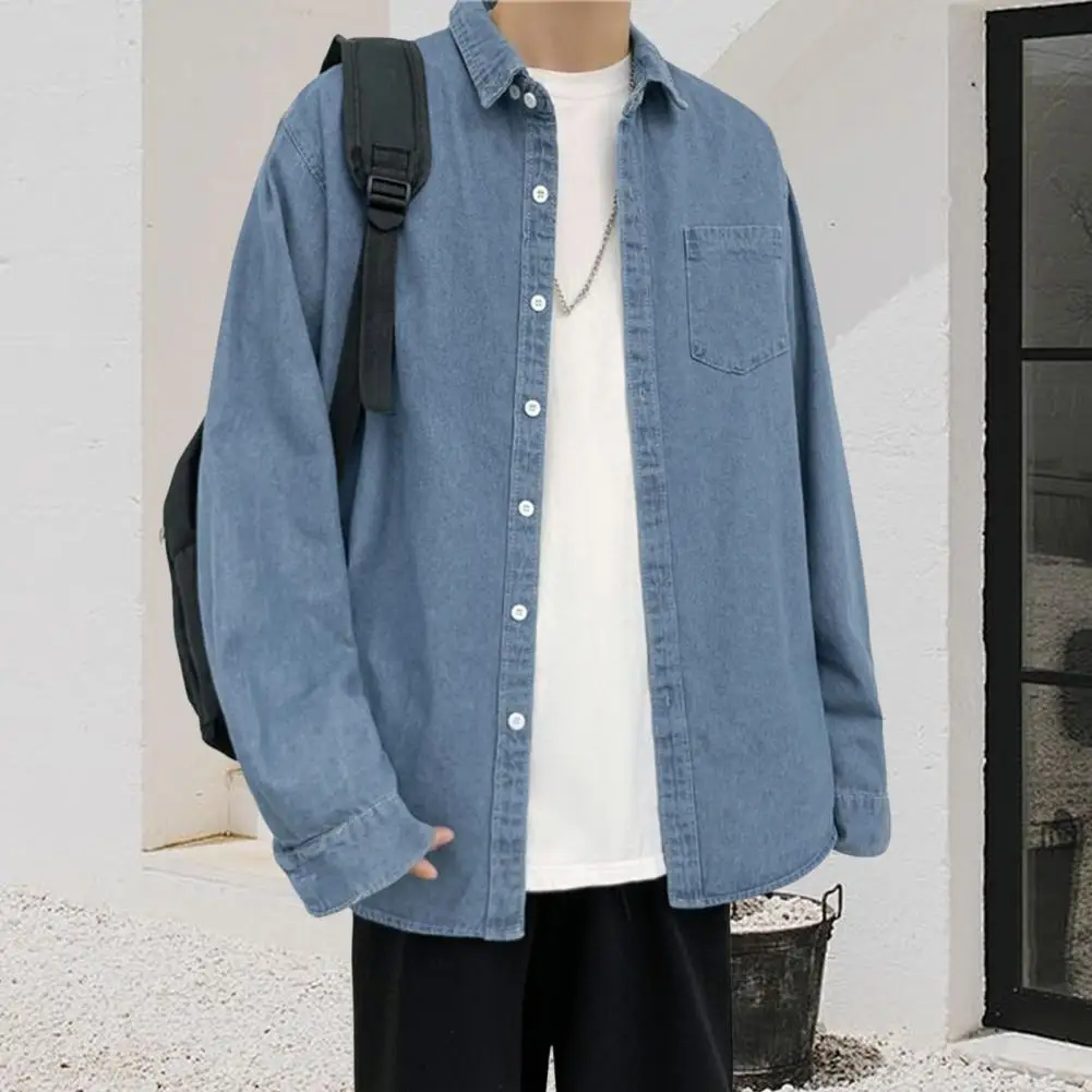 Men Denim Shirt Denim Shirt Outerwear Stylish Men\'s Denim Jacket with Turn-down Collar Chest Pocket Casual Spring for School