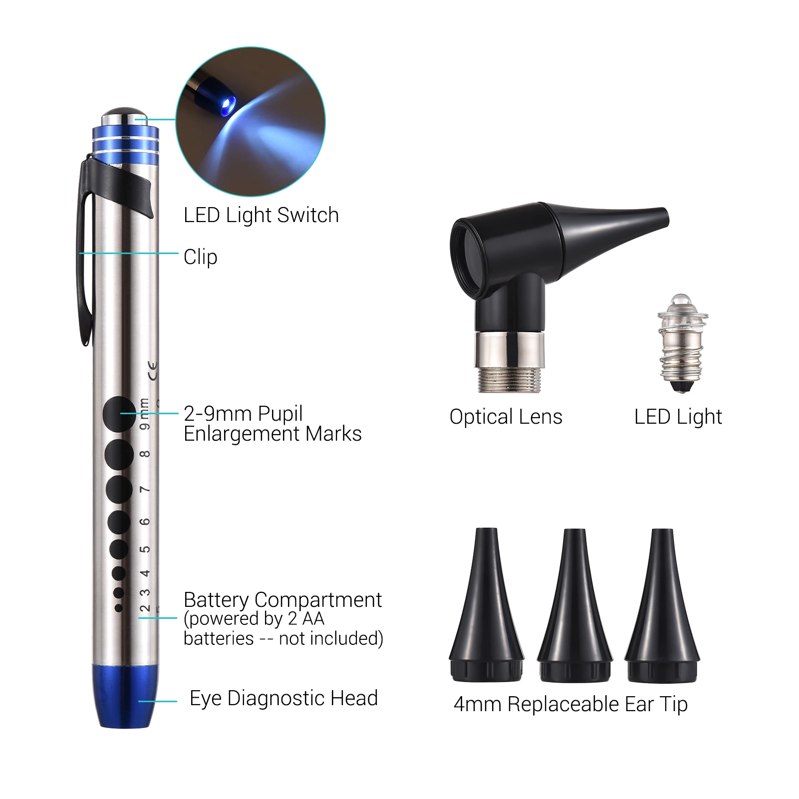 2 in 1 Otoscope and Eyes Diagnostic Tool Kit with LED Light 4mm Replaceable Ear Tips Portable Stainless Steel Handheld
