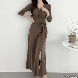 2023 Winter Spring Basic Wear Women Fashion French Style Design Bow Tie Lace-Up A Line V Neck Bandage Long Maxi Dress