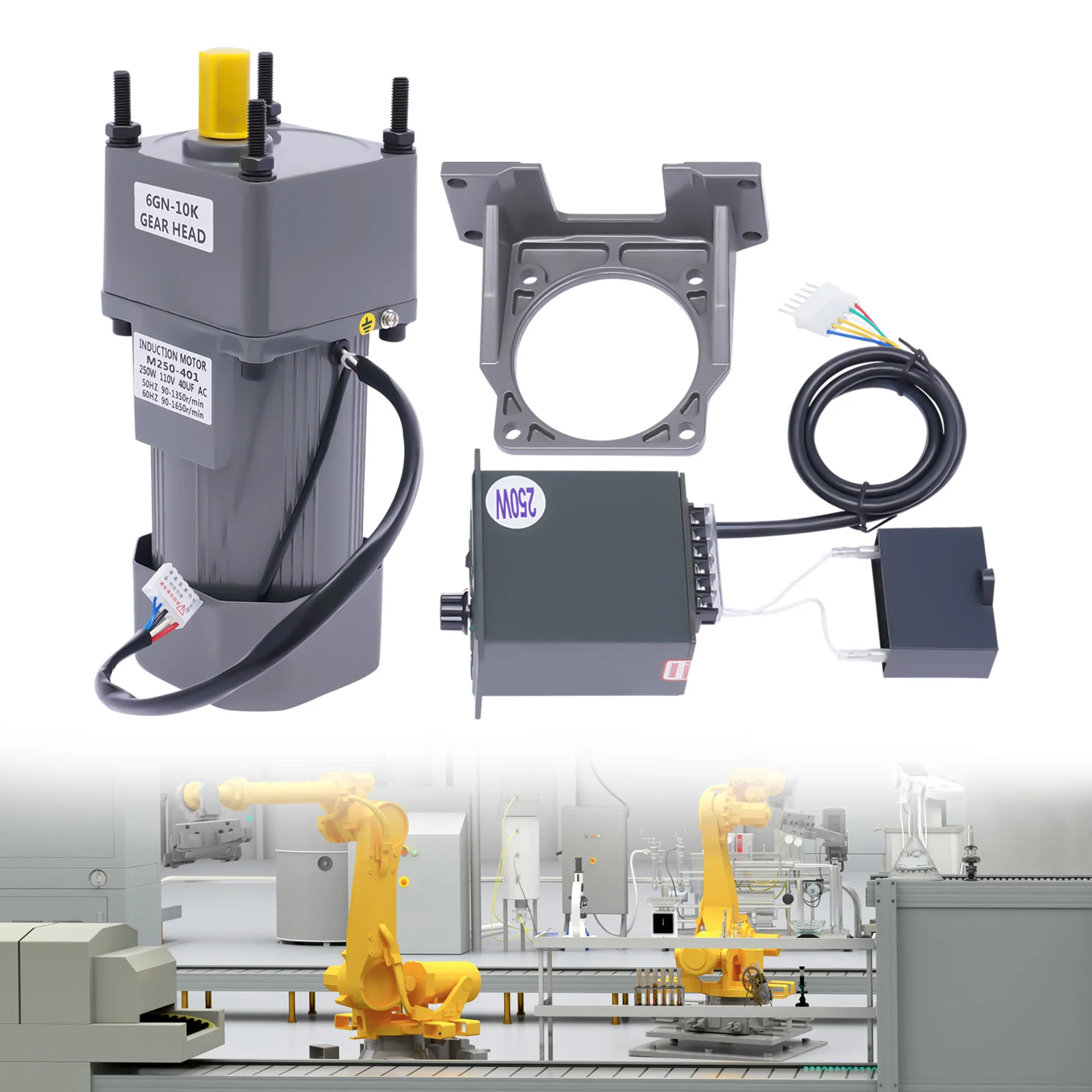 

250W 110V AC Gear Motor with Variable Speed Controller and Bracket Single-Phase Reducer Reversible High Torque, 0-270rpm (10K)