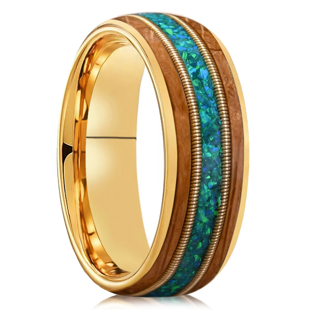 8mm Gold Tungsten Men's Wedding Bands Inlaid Whiskey barrel wood Malachite Guitar Strings Engagement Promise Fashion Daily Rings