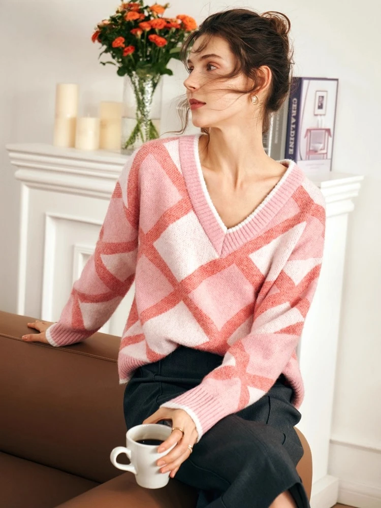 

OLrain Women's Sweater V-neck Long Sleeve Pullover Sweaters 2025 Autumn Argyle Casual Knitted Tops Elegant Clothing O23DM66665