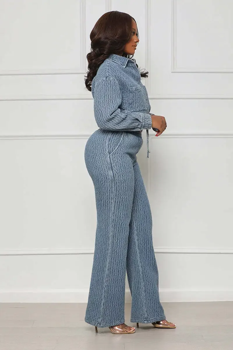 Women Denim Pant Set Two Piece Sets Slim Fit Sexy Turn Down Collar Full Sleeve Coats Tops Long Pants High Elastic Waist