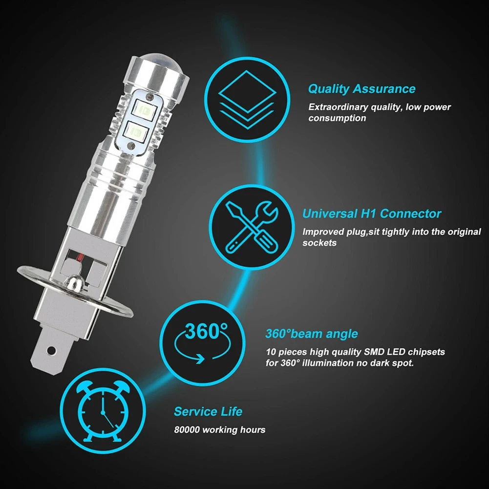 Experience the perfect combination of power and style with 2 H1 100W LED fog headlight bulbs 8000K ice blue light