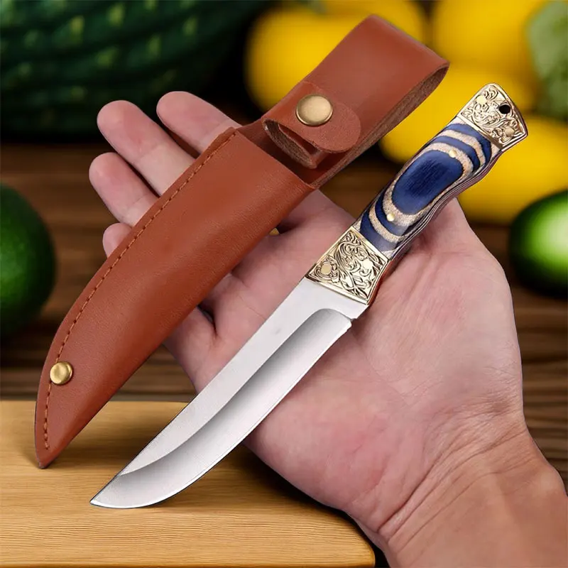 1 PC Home Kitchen Knife, Bone Knife, Fruit Knife, Colored Wood Handle, Suitable for Home, Outdoor, Barbecue, Teak Knife