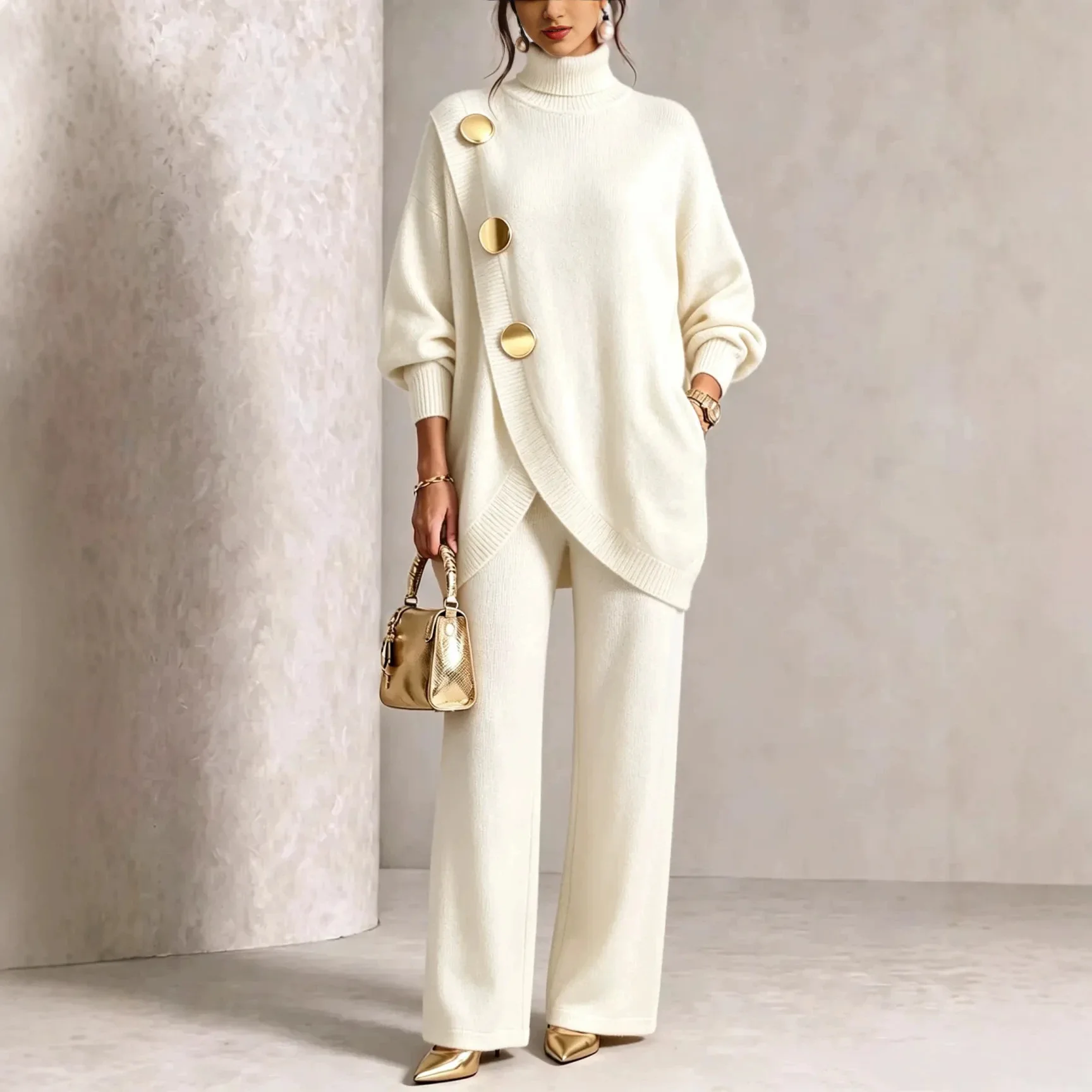 Autumn Winter Metal Button Knitted Two Piece Set Women New High Collar Sweater Wide Leg Long Pant Set Elegant Pullover Suits