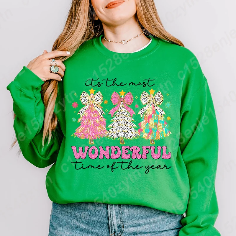 Christmas Tree It's The Most Wonderful Time Of The Year Print Pullover Women Casual Hoodless Sweatshirt Pure Color Crew Neck Top