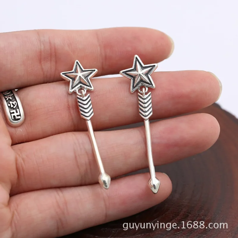 

925 sterling silver jewelry retro thai silver stylishfashion men's and women's five-pointed star earrings bow and arrow earrings