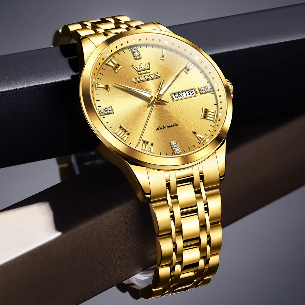 OLEVS Gold Automatic Watch For Men Roman Numeral Diamond Markers Day & Date Calendar Waterproof Luxury Business Wristwatch Gift