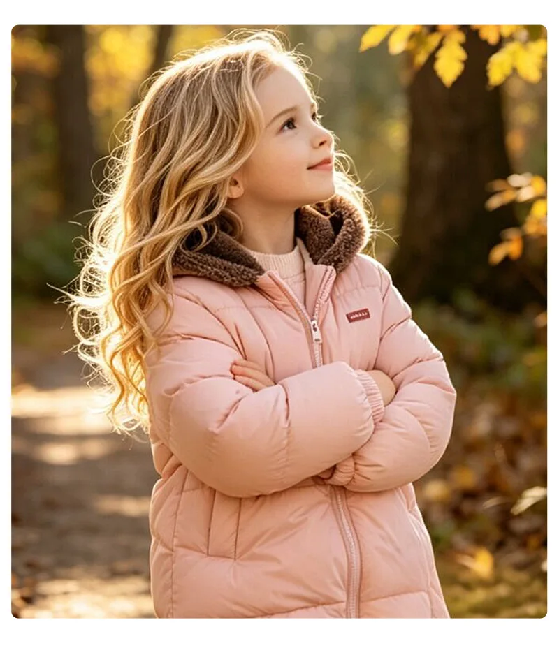 Neue doppelseitige Winter-Daunenjacke für Kinder, Jungen und Mädchen, mittellanger warme Mantel mit Bärenohren-Kapuze. – Detail 12