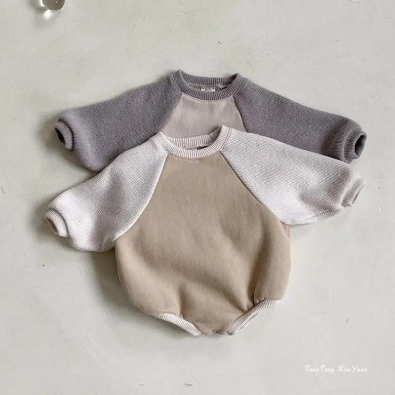 

Winter Boy Girl Baby Splicing Fleece Thicken Long Sleeve Bodysuit Newborn Outdoor Plus Velvet Cotton Onesie Infant Warm Clothes