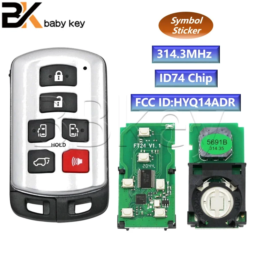 BB Key for Toyota Sienna 2011 2012 2013 2014 2015 2016 2017 2018 2019 314.3MHz ID74 Chip HYQ14ADR with Logo Smart Remote Car Key