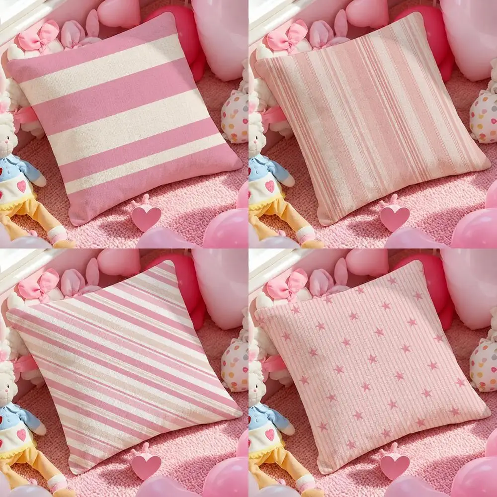Art Pink Stripes Art Cushion Cover Pink Linen Textured Double Sided Cushion Cover with Invisible Zipper for Home Decor