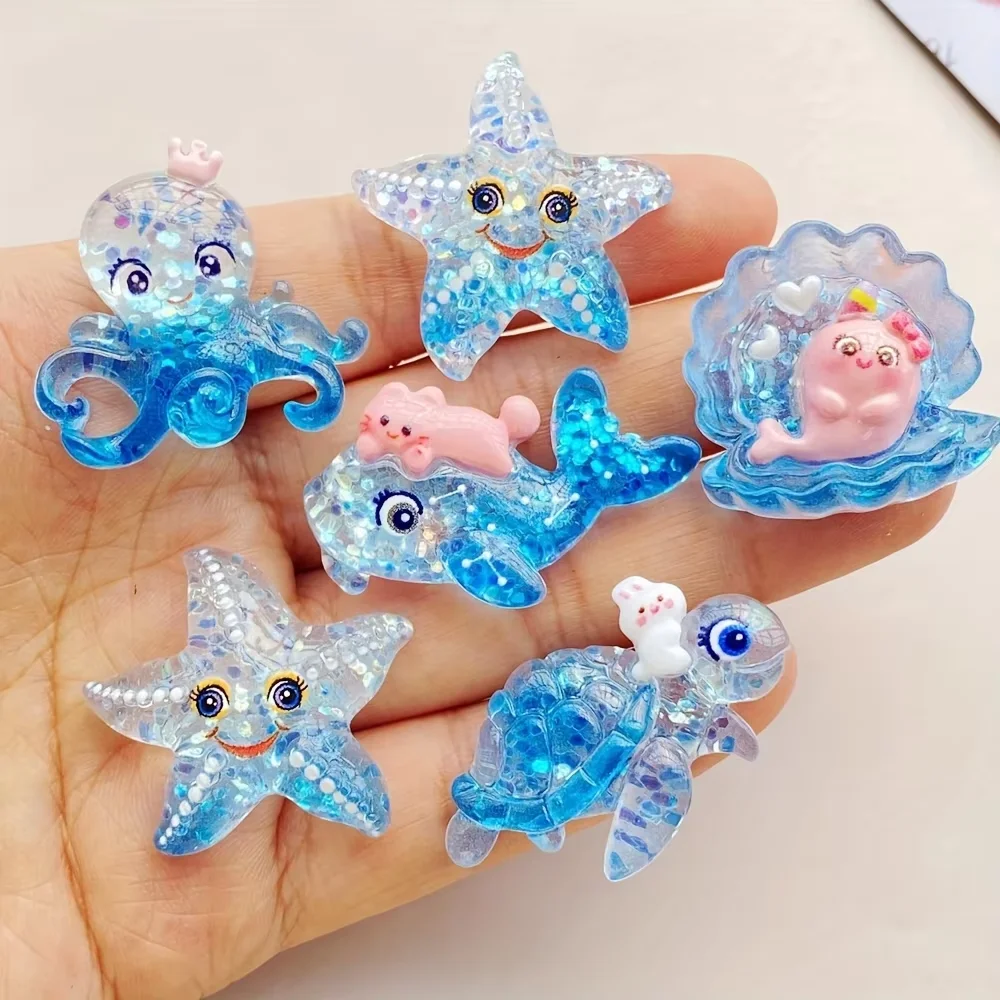10-Piece Set of Ocean-Themed Resin Ornaments: Glittery Sea Turtles, Octopuses, Starfish, Seashells, and Dolphins – Ideal for DIY