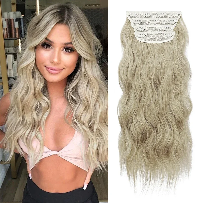 

Wave Clip in Hair Extensions Synthetic 20 Inch Black Mix Blonde Long Hair Extensions Clip Ins 4PCS Soft Hairpieces for Women