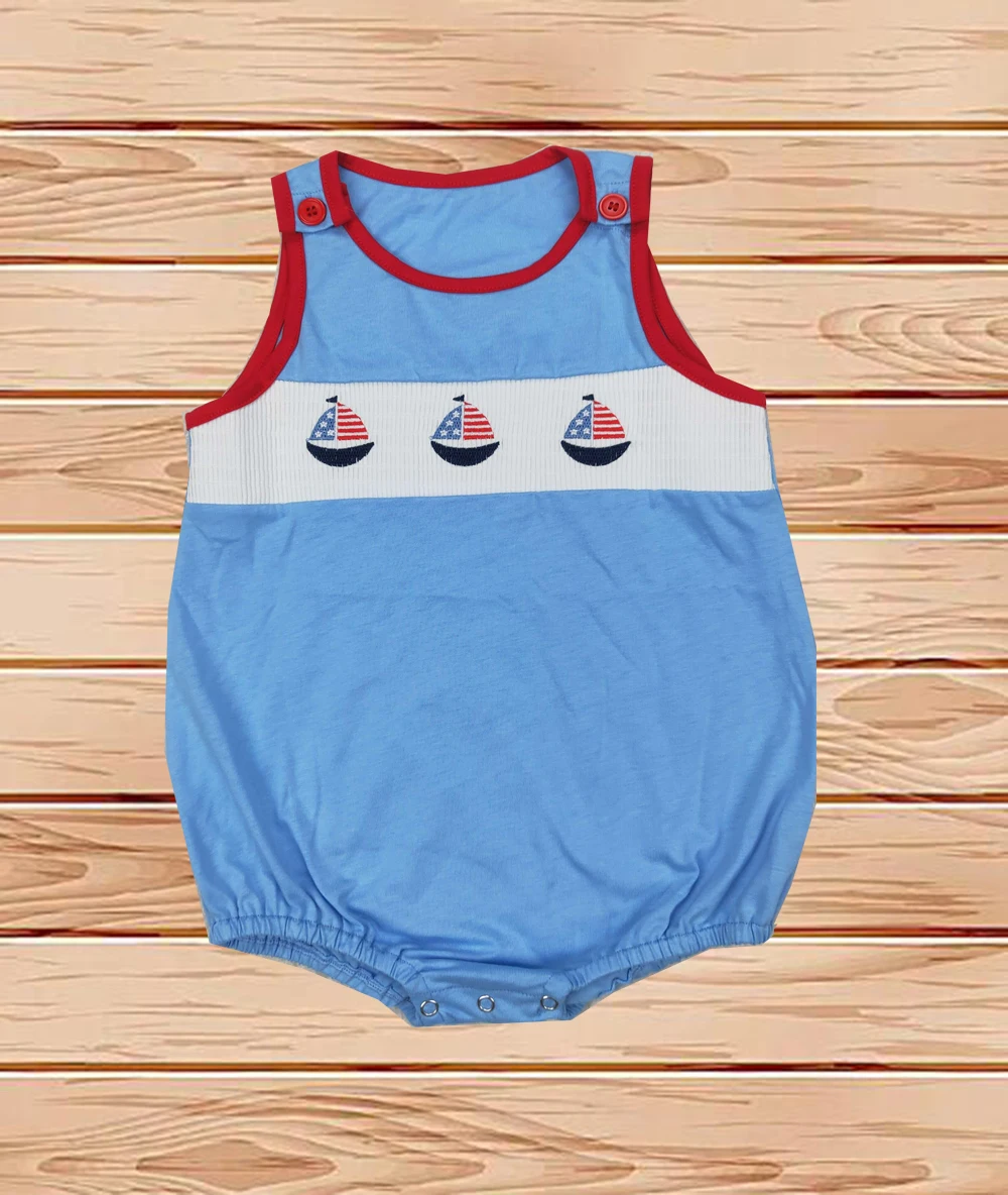 

3.31 Wholesale western boutique Newborn toddler Smocked Baby Infant Boys 4th Of July Sailboats Sleeveless Rompers