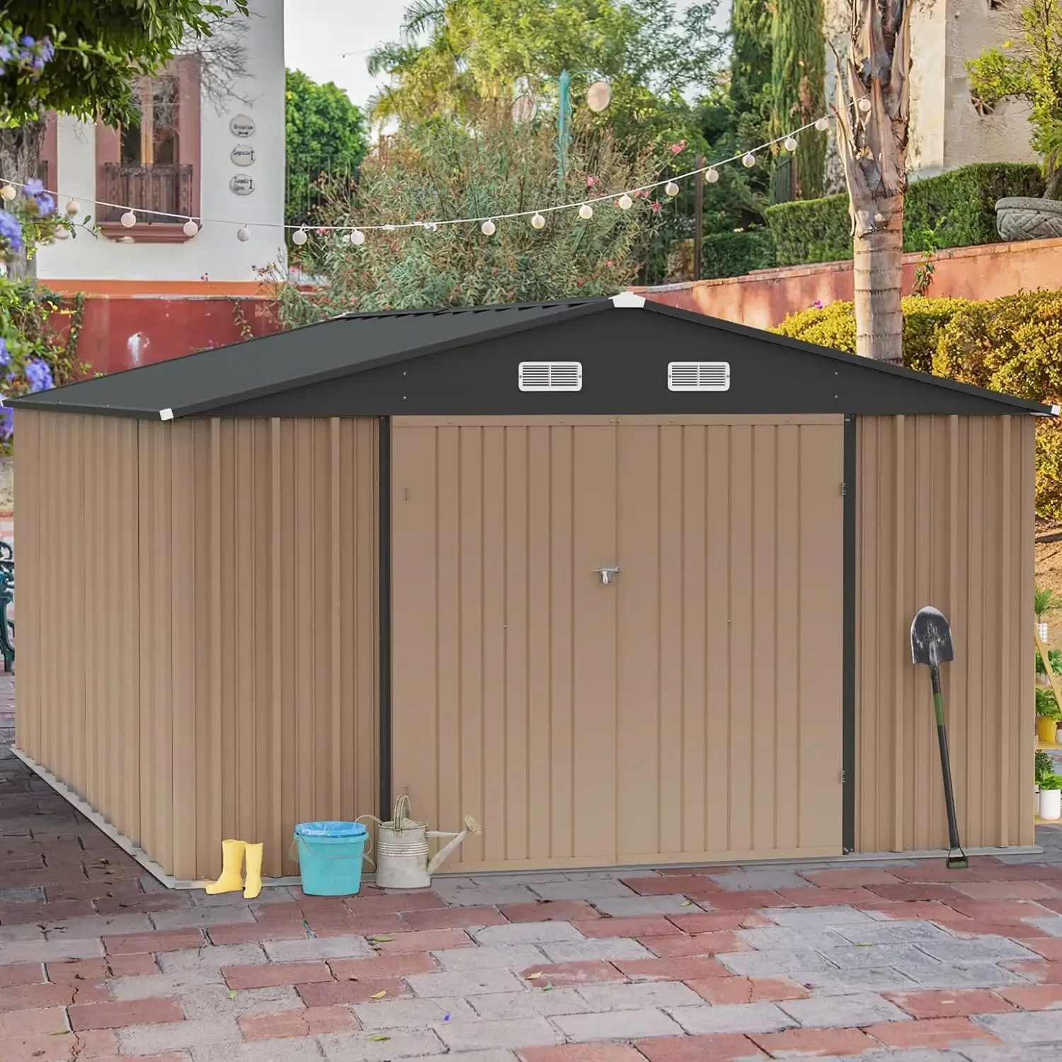 10 x 10 FT Outdoor Storage Shed Metal Garden Shed with Lockable Door Outside Waterproof Tool Shed for Backyard, Gray