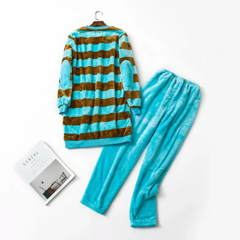 Conjunto de pijama informal a rayas para mujer, ropa de dormir de lana, traje de camisa de manga larga y pantalones para el hogar, otoño e invierno, 2024