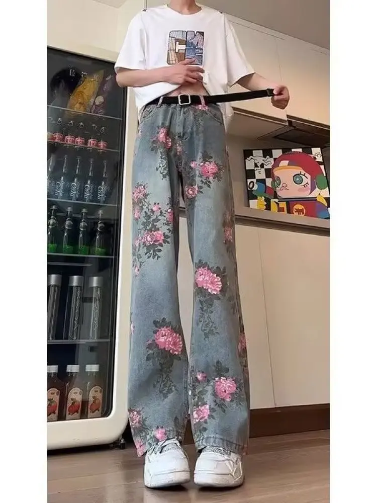 

Мужские джинсы с принтом роз, низкая посадка, прямой крой, свободный крой, летние, повседневные, в американском винтажном стиле, расклешенные