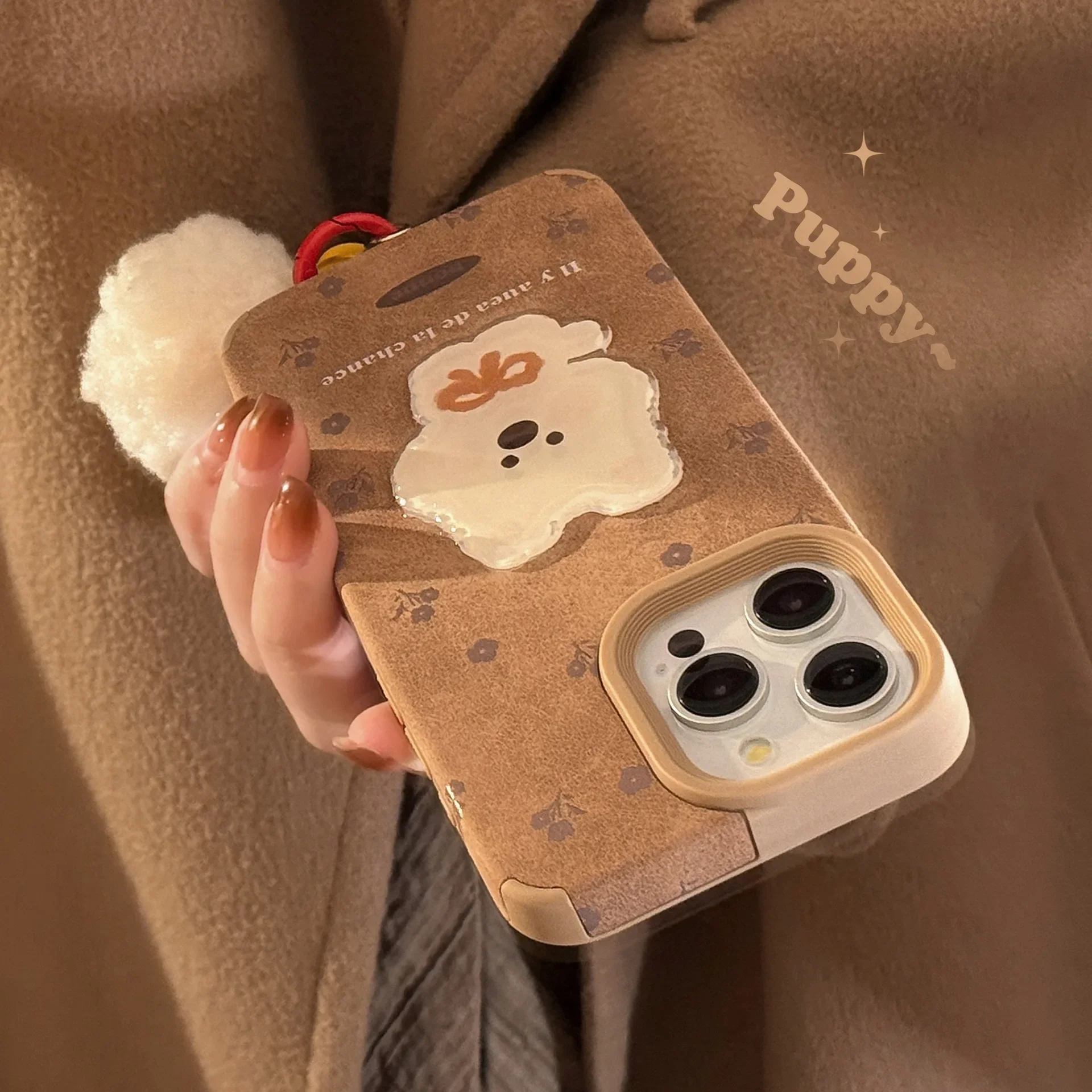 Autumn Winter puppy doll Plush pendant Suede leather Phone Case For iPhone 16 15 14 13 12 Pro Max Case Cute Luxury Cartoon Cover