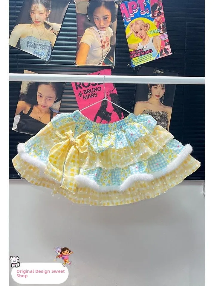 

Желто-синяя клетчатая юбка ручной работы с лимонным принтом Dopane Plu Y2K, пышная юбка Cake Sle, женская зимняя коллекция Faion