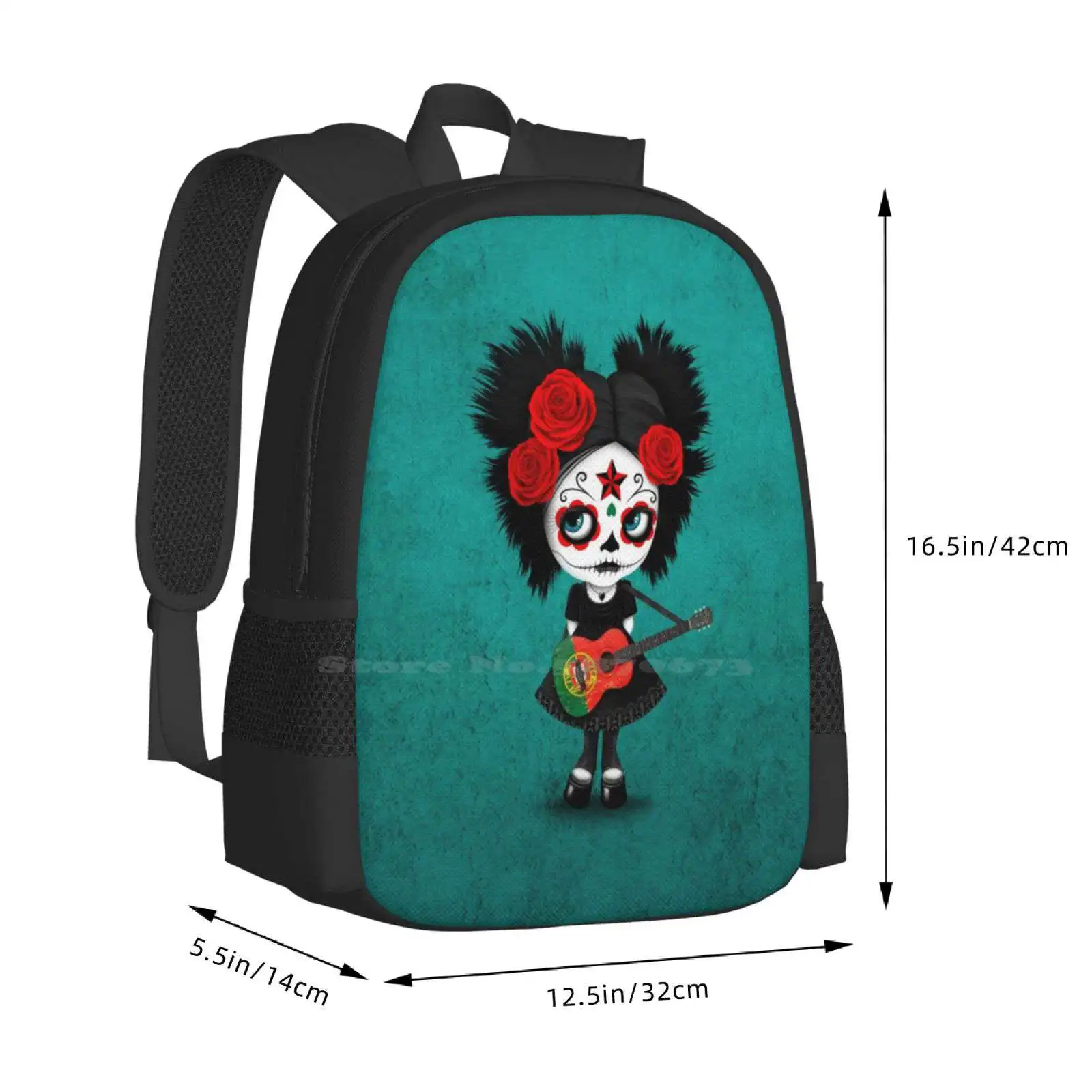 Sugar Skull Girl Playing Portuguese Flag Guitar Pattern Design Bag Student'S Backpack Day Of The Dead Girl Portuguese Day Of