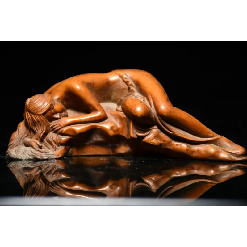

4.9" Collection Chinese Box-wood Carving Sleeping Beautiful Woman Statue Craft Gift Decoration Home Decore