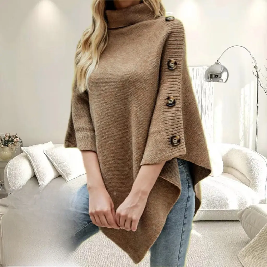 

Women's Solid Color High Collar Shawl Cape Split Sweater Autumn Winter Coat Stylish European Fashion