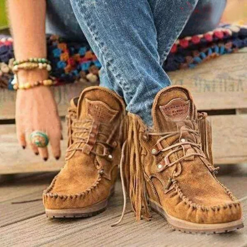 Comemore New 2021 2022 Leather Women Sewing Lace-up Women\'s Ankle Boots Booties Woman Retro Pendant Boot Shoes Female Winter 43