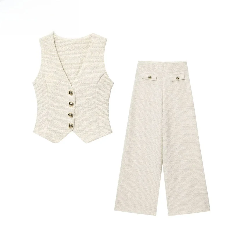 Zbzr outono novo conjunto de faion feminino v-ne spvel botão textura colete calças compridas quente fino ajuste europeu sle adulto feminino
