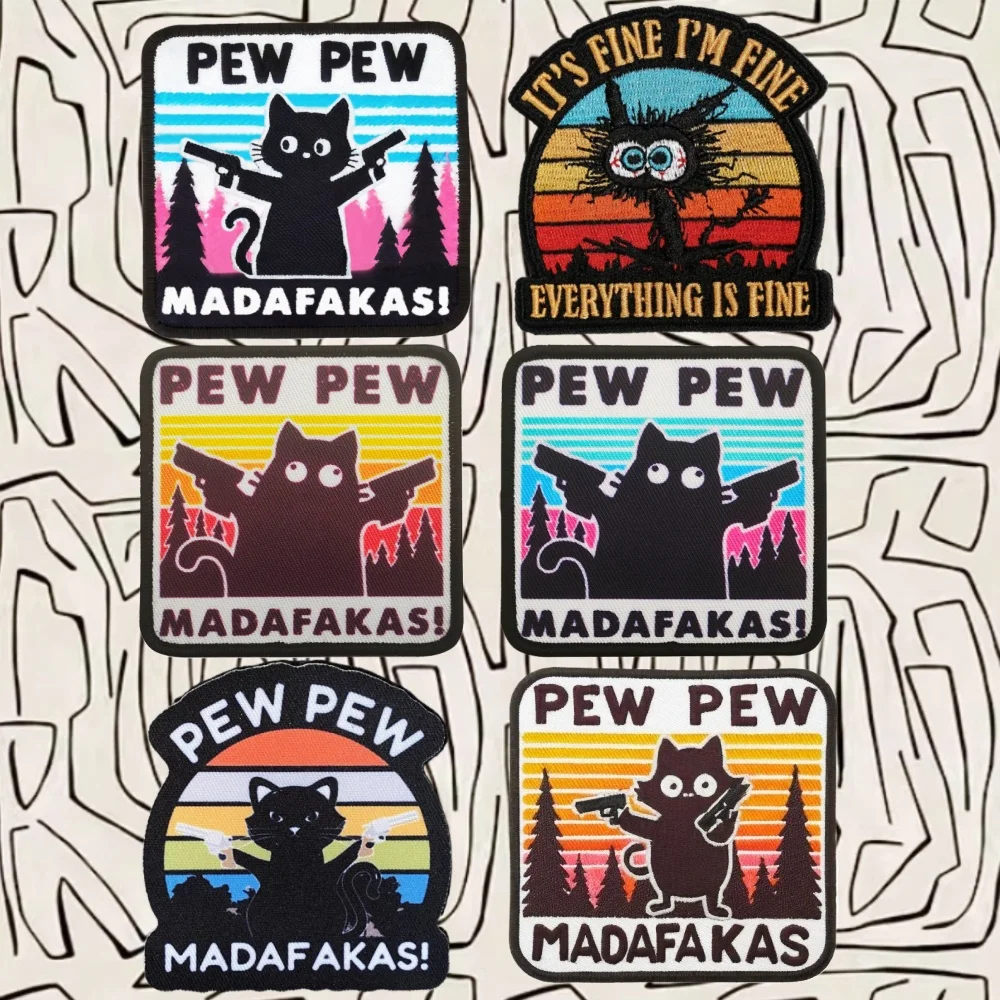 PEW PEW Madafakas AKA Cat Funny Patch Double-gun Black Cat Armband Morale Outdoor Military Fans Backpack Sticker Hook&Loop Badge view 2