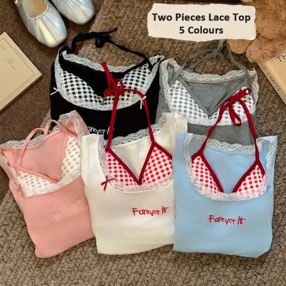 

Neck Halter Sweet T Shirts Women Lace-up Spicy Girl Style Long Sleeve T Shirts Undershirts Lace Plaid Slim Y2k Crop Top Girl