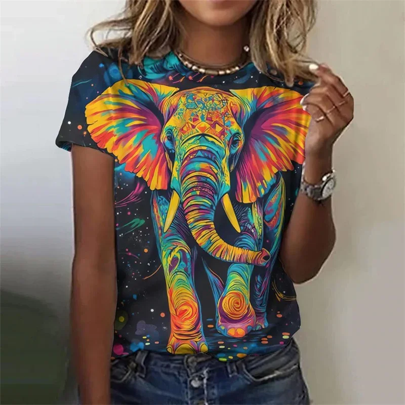 

Vintage Elephant Pattern T Shirt For Women Funny Animal 3D Printed Short Sleeves Summer Leisure Tees Round Neck Tops T-Shirts
