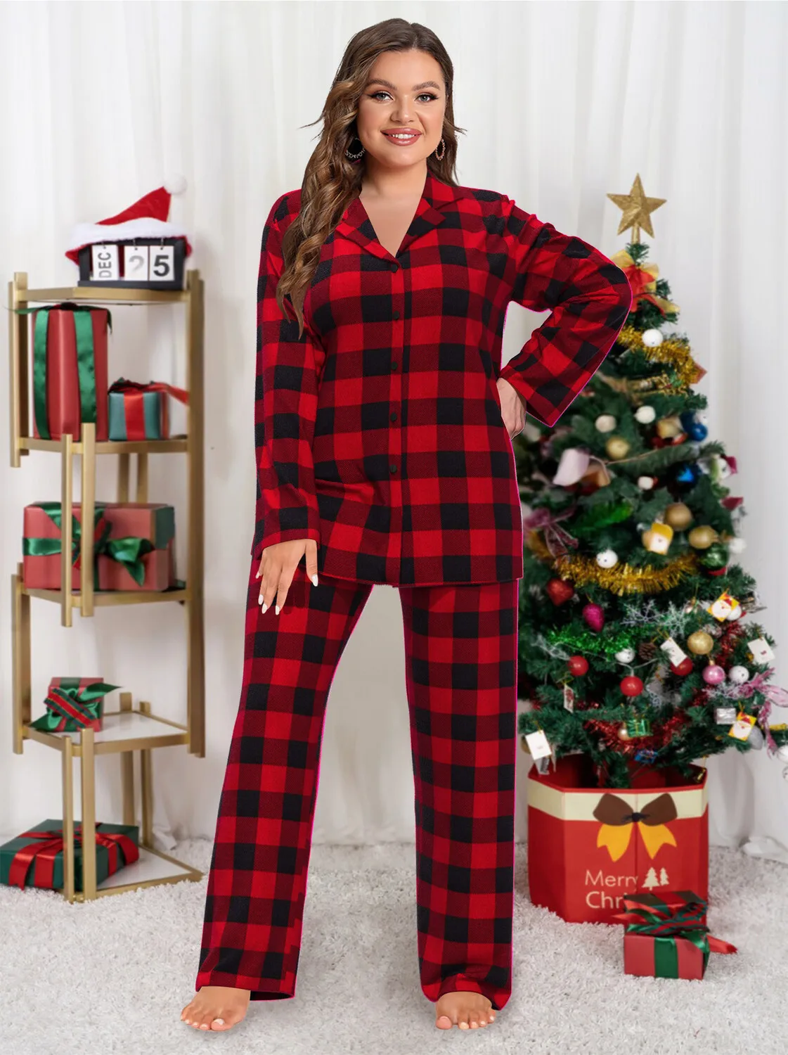 

Women's Pajama Sets Plus Size Buffalo Plaid Warm Long Sleeve 2 Piece Sleepwear Button Pjs Lounge Set
