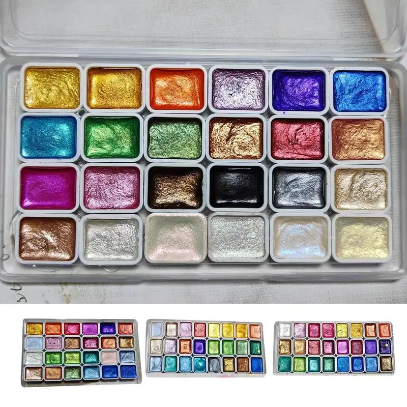 Watercolor Set 24 Colors Pearlescent Watercolor Art Palette Sparkling Effect Watercolor Pan Set for Professional Artists