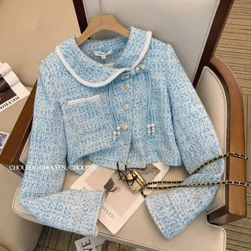 Spring Fashion Elegant Peter Pan Collar Chic Tassel Vintage Women Coat Blue Tweed Jacket High Waist Long Pants New Two Pieces