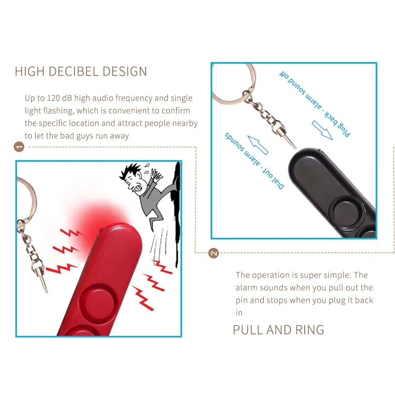 120dB double speaker self-defence device loud alarm attack panic security personal security key chain bag pendant