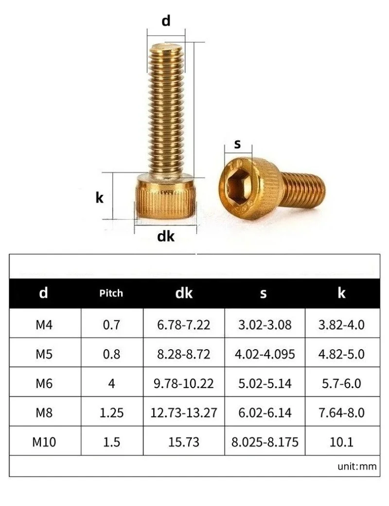 M4 M5 M6 M8 M10 Gold Plated 304 Stianless Steel Hex Socket Cap Head Screw Bolt for Car Motorcycle Length 6~70mm