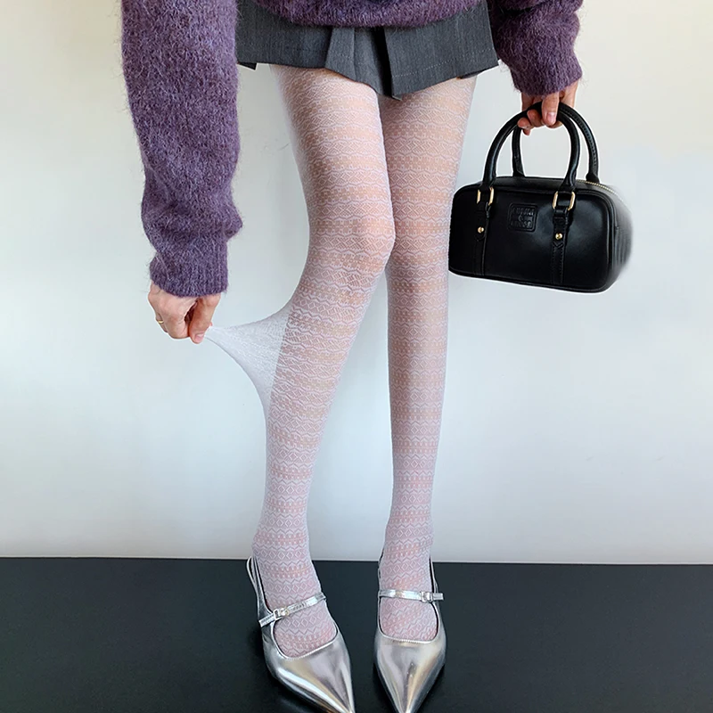 Women Geometric Jacquard Sheer Pantyhose, Hollow Out Textured Tights, Elastic Thin Knit Stockings for Daily Dress Matching
