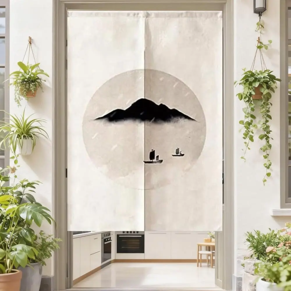 Rideau Paysage Chinois Tranquille, Fond Beige avec Imprimé Montagne Noire et Voilier pour Entrée et Salle à Manger, Style Zen Oriental