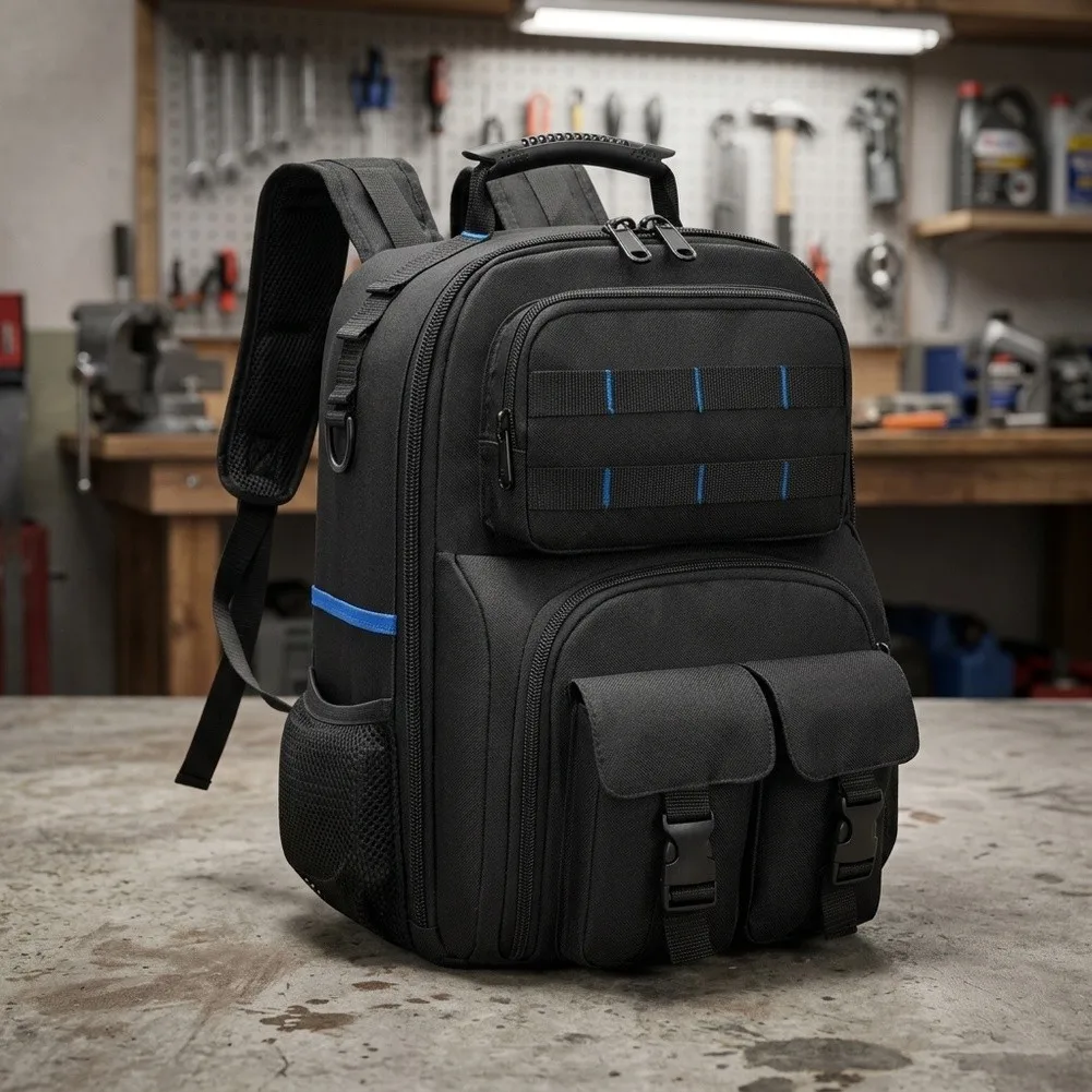 Waterproof Tool Backpack 44x33x8 cm Double Compartment 600D Fabric Removable Organizer for Electricians Plumbers Technicians