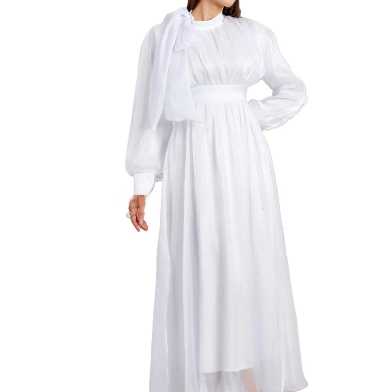 

Middle East Fashionable Elegant Solid Color Stand-up Collar High Waist Long Formal Party Dress With Long Sleeves