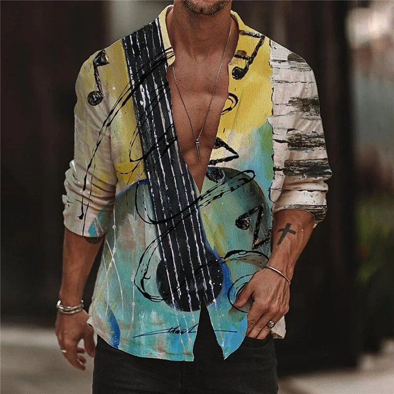 

2023 fashion new music notation graffiti super cool street outdoor men's jacket lapel shirt clothing clothing S—6XL